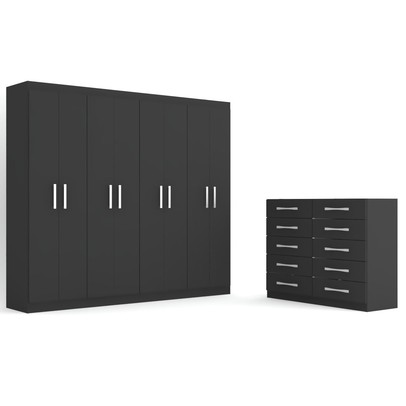 Guarda-Roupa Casal Ele e Ela 8 Portas 8 Prateleiras e Cômoda 10 Gavetas Preto - Panorama Móveis