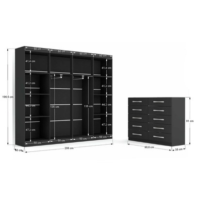 Guarda-Roupa Casal Ele e Ela 8 Portas 8 Prateleiras e Cômoda 10 Gavetas Preto - Panorama Móveis