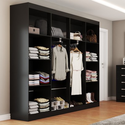 Quarto de Casal Ele e Ela Closet 8 Prateleiras Cômoda 10 Gavetas Preto - Panorama Móveis