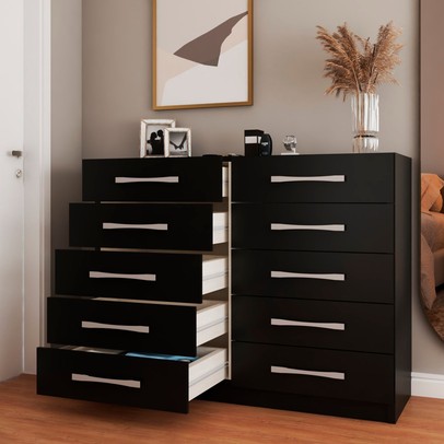 Quarto de Casal Ele e Ela Closet 8 Prateleiras Cômoda 10 Gavetas Preto - Panorama Móveis