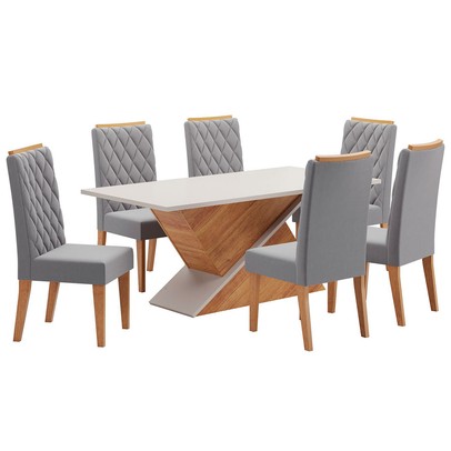 Mesa de Jantar 6 Lugares Poliana Mel/Blonde/Veludo Cinza - Panorama Móveis