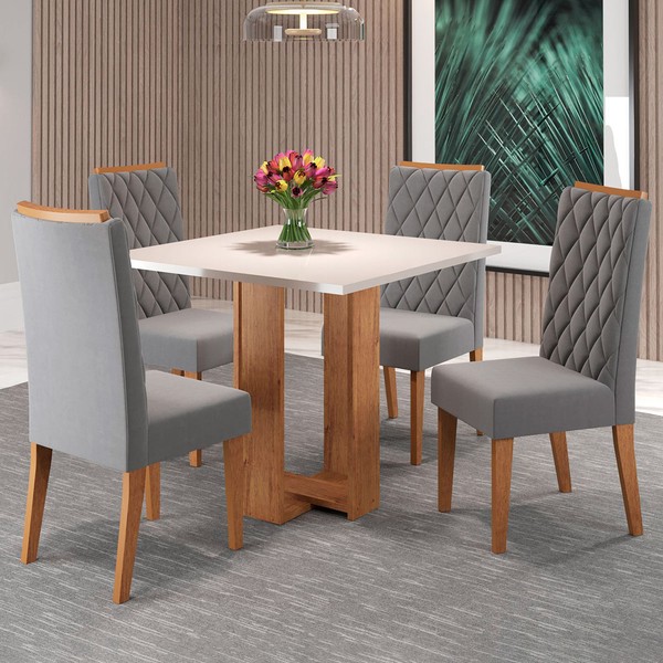 Mesa de Jantar 4 Lugares Charlotte Mel/Blonde/Veludo Cinza - Panorama Móveis