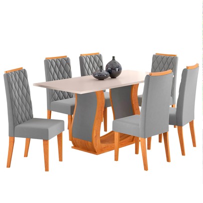 Mesa de Jantar 6 Lugares Dallas Mel/Blonde/Veludo Cinza - Panorama Móveis