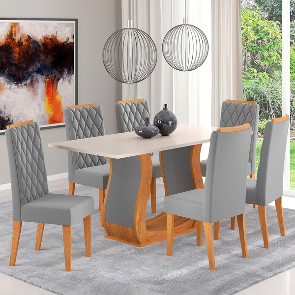 Mesa de Jantar 6 Lugares Dallas Mel/Blonde/Veludo Cinza - Panorama Móveis