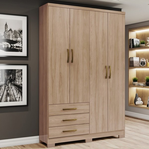 Guarda-Roupa Solteiro Caju 4 Portas 3 Gavetas Jequitibá Brilho - Henn