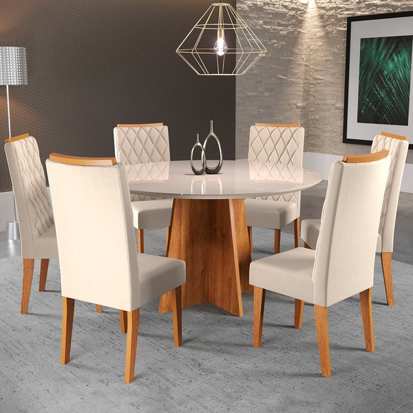 Mesa de Jantar 6 Lugares Virginia com Vidro Mel/Nude/Off White - Panorama Móveis