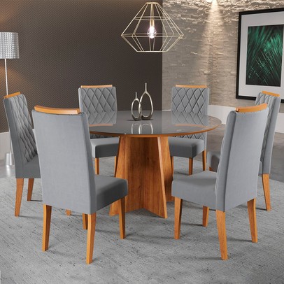 Mesa de Jantar 6 Lugares Virginia com Vidro Mel/Veludo Cinza/Grafite - Panorama Móveis
