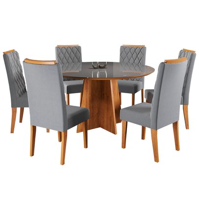 Mesa de Jantar 6 Lugares Virginia com Vidro Mel/Veludo Cinza/Grafite - Panorama Móveis