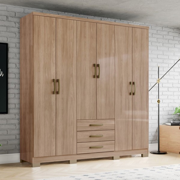 Guarda-Roupa Casal Caju 6 Portas 3 Gavetas Jequitibá Brilho - Henn