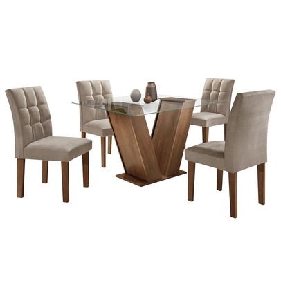 Mesa de Jantar 4 Lugares Classic/Vitória com Vidro Chocolate/Linho Cinza - Cel Móveis