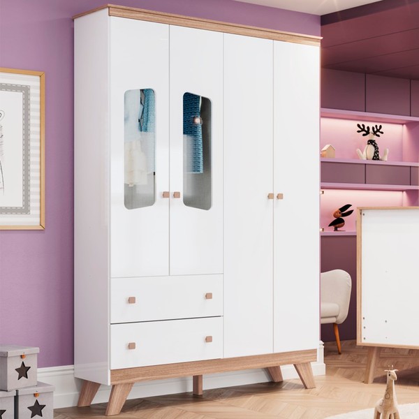 Guarda-Roupa Infantil Confete 4 Portas 2 Gavetas com Espelho Branco/Jequitibá - Henn