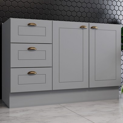 Balcão de Cozinha para Pia 120 Cm Americana 2 Portas 3 Gavetas 100% Mdf Cinza - Henn