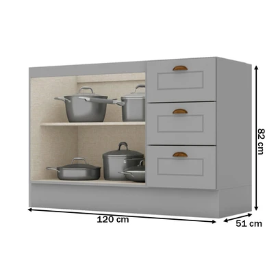 Balcão de Cozinha para Pia 120 Cm Americana 2 Portas 3 Gavetas 100% Mdf Cinza - Henn