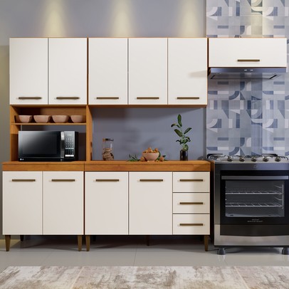 Cozinha Completa Atenas 10 Portas 3 Gavetas Nature/Off White - Kaiki Móveis