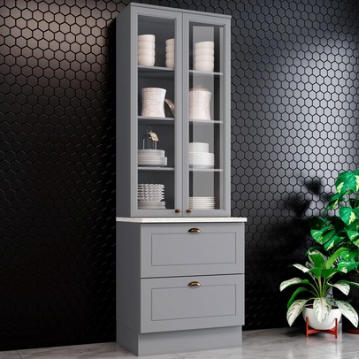 Cristaleira Americana 2 Portas 2 Gavetas 100% Mdf Cinza/Calcare - Henn