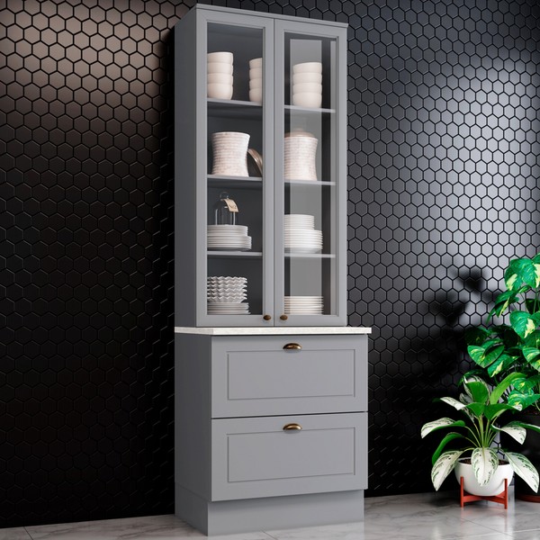 Cristaleira Americana 2 Portas 2 Gavetas 100% Mdf Cinza/Calcare - Henn