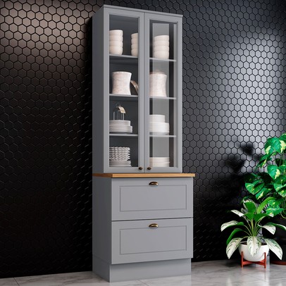 Cristaleira Americana 2 Portas 2 Gavetas 100% Mdf Cinza/Nature - Henn