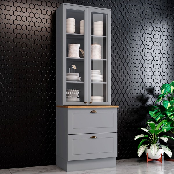 Cristaleira Americana 2 Portas 2 Gavetas 100% Mdf Cinza/Nature - Henn