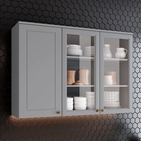 Armário Aéreo Cozinha 120 Cm Americana 3 Portas 100% Mdf Cinza C363 - Henn