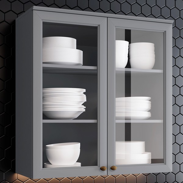 Armário Aéreo Cozinha Americana 2 Portas com Vidro Cinza - Henn