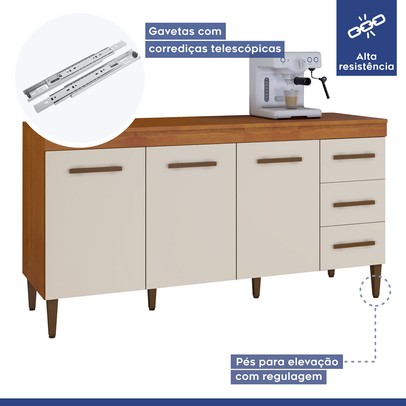 Balcão de Cozinha Atenas 3 Portas 3 Gavetas Nature/Off White - Kaiki Móveis