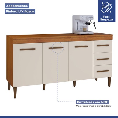 Balcão de Cozinha Atenas 3 Portas 3 Gavetas Nature/Off White - Kaiki Móveis