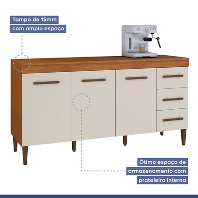 Balcão de Cozinha Atenas 3 Portas 3 Gavetas Nature/Off White - Kaiki Móveis