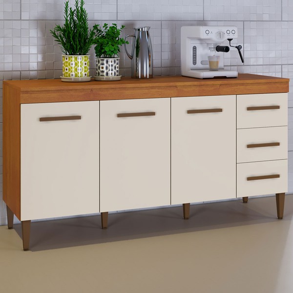 Balcão de Cozinha Atenas 3 Portas 3 Gavetas Nature/Off White - Kaiki Móveis