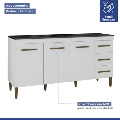 Balcão de Cozinha Atenas 3 Portas 3 Gavetas Branco - Kaiki Móveis