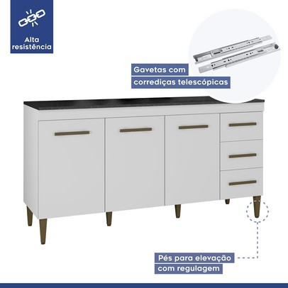 Balcão de Cozinha Atenas 3 Portas 3 Gavetas Branco - Kaiki Móveis