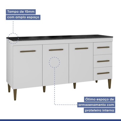 Balcão de Cozinha Atenas 3 Portas 3 Gavetas Branco - Kaiki Móveis