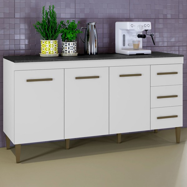 Balcão de Cozinha Atenas 3 Portas 3 Gavetas Branco - Kaiki Móveis