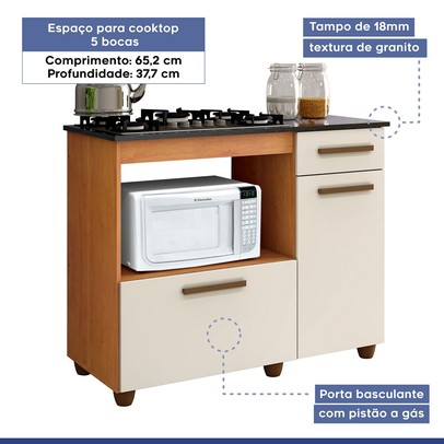 Balcão de Cozinha para Cooktop 5 Bocas Violeta 2 Portas 1 Gaveta Nature/Off White - Kaiki Móveis