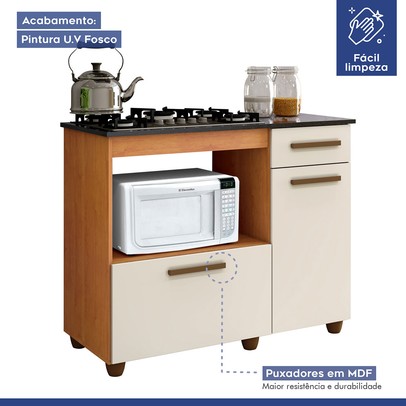 Balcão de Cozinha para Cooktop 5 Bocas Violeta 2 Portas 1 Gaveta Nature/Off White - Kaiki Móveis