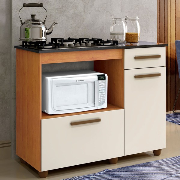 Balcão de Cozinha para Cooktop 5 Bocas Violeta 2 Portas 1 Gaveta Nature/Off White - Kaiki Móveis