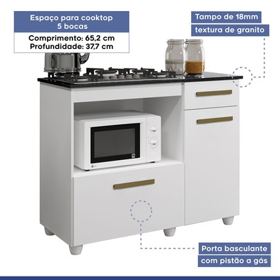 Balcão de Cozinha para Cooktop 5 Bocas Violeta 2 Portas 1 Gaveta Branco - Kaiki Móveis