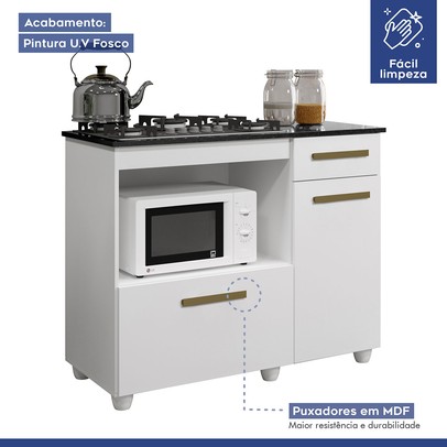 Balcão de Cozinha para Cooktop 5 Bocas Violeta 2 Portas 1 Gaveta Branco - Kaiki Móveis