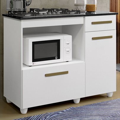 Balcão de Cozinha para Cooktop 5 Bocas Violeta 2 Portas 1 Gaveta Branco - Kaiki Móveis