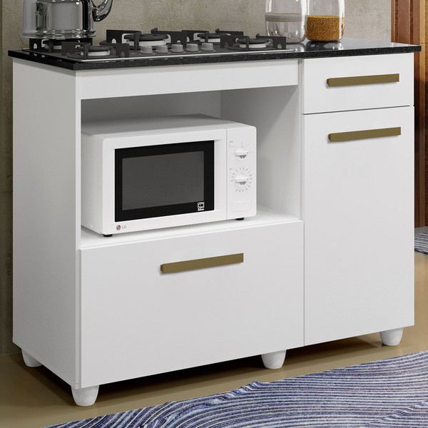 Balcão de Cozinha para Cooktop 5 Bocas Violeta 2 Portas 1 Gaveta Branco - Kaiki Móveis