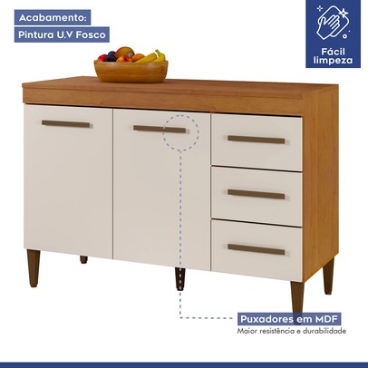 Balcão de Cozinha Virtus 2 Portas 3 Gavetas Nature/Off White - Kaiki Móveis