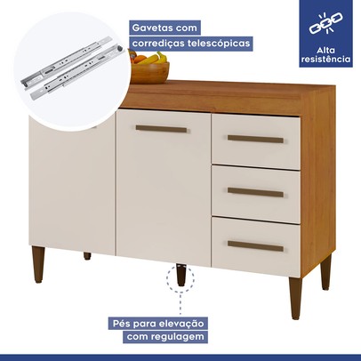 Balcão de Cozinha Virtus 2 Portas 3 Gavetas Nature/Off White - Kaiki Móveis