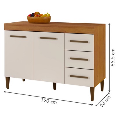 Balcão de Cozinha Virtus 2 Portas 3 Gavetas Nature/Off White - Kaiki Móveis