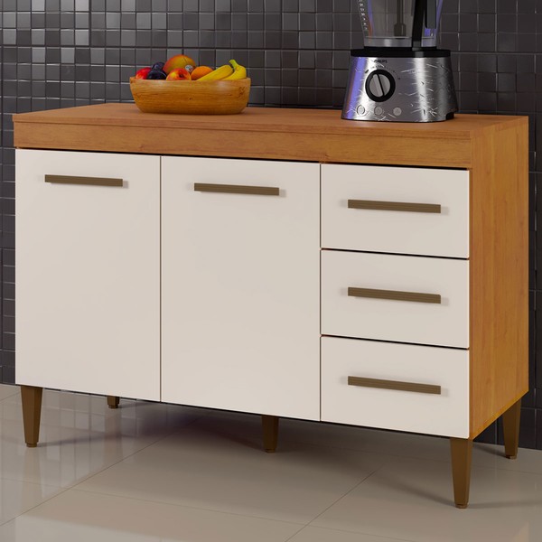 Balcão de Cozinha Virtus 2 Portas 3 Gavetas Nature/Off White - Kaiki Móveis
