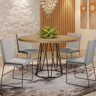 Mesa de Jantar 4 Lugares Dubai Linho Cinza Claro/Preto Fosco/Siena 3897 - Mais Decor
