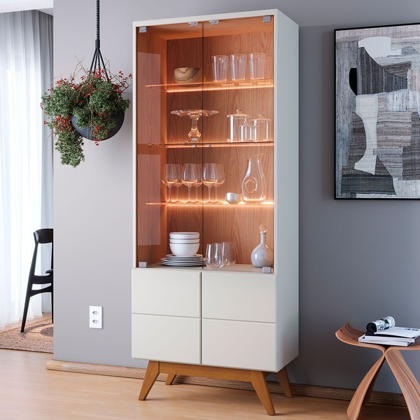 Cristaleira Noronha 4 Portas 3 Prateleiras com Led Off White/Matte/Freijó - Colibri