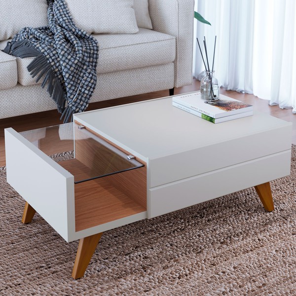 Mesa de Centro Noronha 1 Gaveta Off White/Matte/Freijó - Colibri