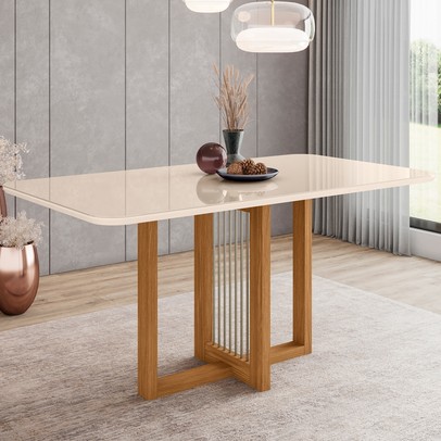 Mesa de Madeira Natalí com Vidro Nature/Off White Sc71 - Henn