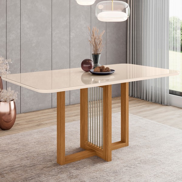 Mesa de Madeira Natalí com Vidro Nature/Off White Sc71 - Henn