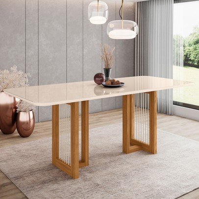 Mesa de Madeira Yara com Vidro Nature/Off White Sc77 - Henn