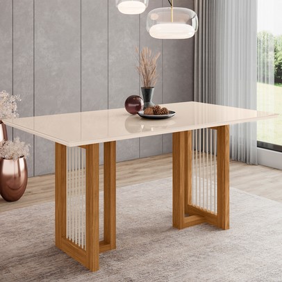 Mesa de Madeira Yara com Vidro Nature/Off White Sc78 - Henn